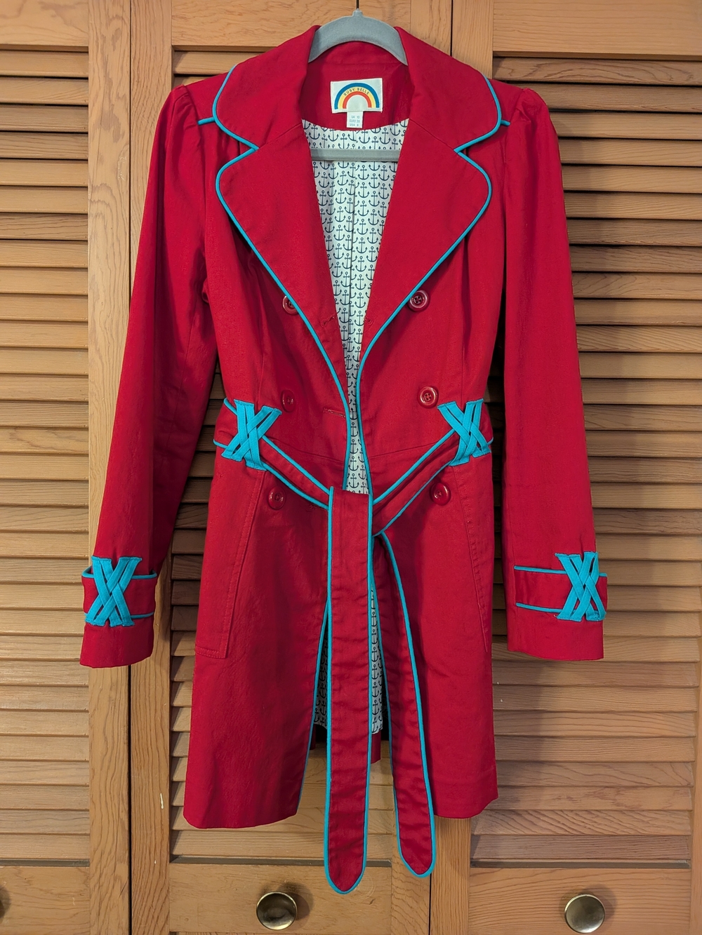 Bright Red Trench Coat with Turquoise Trim - Brand: Ruby Belle (For Modcloth) - Picture 2 of 5